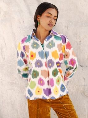 De Castro Ikat Embroidered Fruit Vegetable Button Shirt Size M